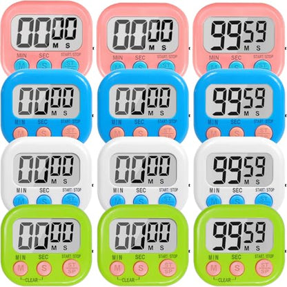 12 Pack Digital Kitchen Timers for Cooking, Loud Alarm Large LCD Display Magnetic Classroom Timers for Teachers Kids, Extensively Use in Classroom, Cooking, Meeting, Gym