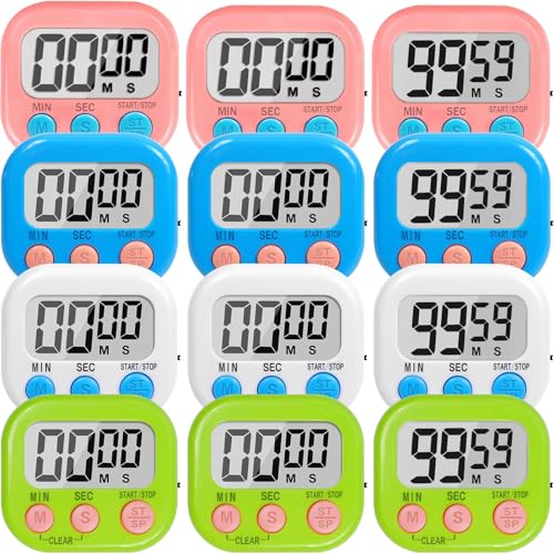 12 Pack Digital Kitchen Timers for Cooking, Loud Alarm Large LCD Display Magnetic Classroom Timers for Teachers Kids, Extensively Use in Classroom, Cooking, Meeting, Gym