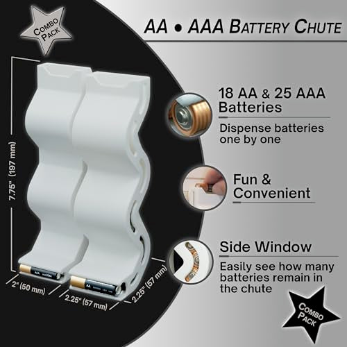 AA & AAA Battery Chute Combo, Wall Mounted Battery Organizer & Dispenser – No Jam FIFO Design, Holds 18 AA & 25 AAA Batteries – White - color: White