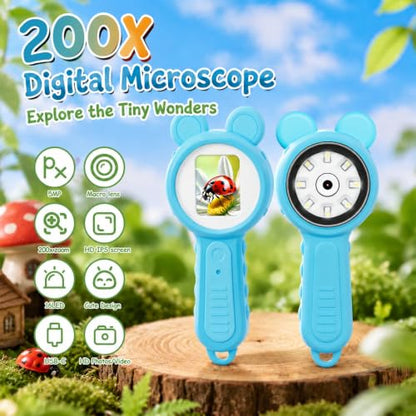 Kids Microscope Autofocus Magnifier STEM Gifts Toys for Ages 4-12 - color: Pink-panda ear