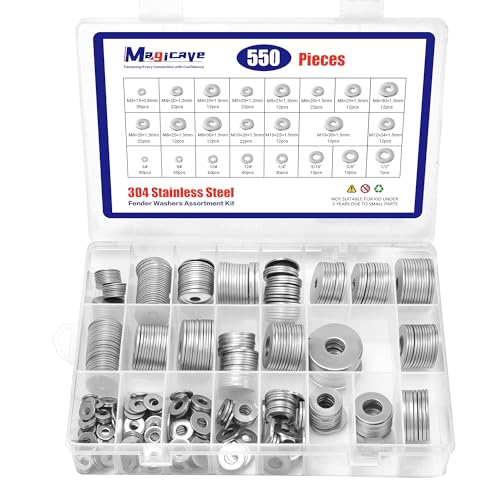 Fender Washers, 550 Pcs SAE and Metric Flat Washers Assortment Kit, Stainless Steel Washers for Screws and Bolts (M3, M4, M5, M6, M8, M10, M12, #6, #8, #10, #12, 1/4", 5/16", 3/8", 1/2") - color: Fender Washers-550Pcs