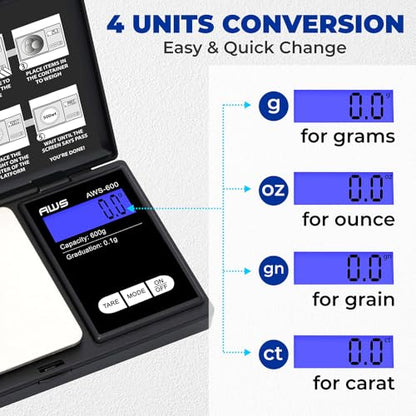 American Weigh Scales Digital Pocket Scale 600g x 0.1g with LCD Display Gram, Ounce, Carat, Grain for Coins, Jewellery, Gemstones, Metals, Kitchen, Food & Medicines – Black - color: Black, size: 600g x 0.1g