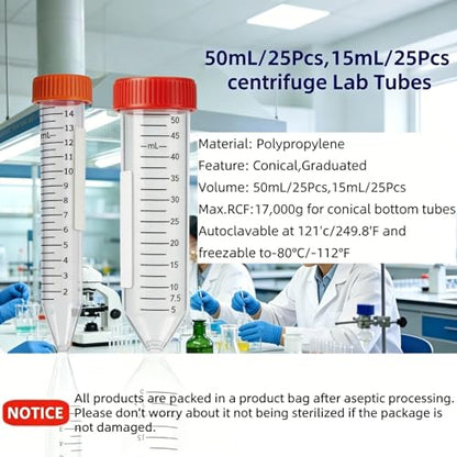 Conical Centrifuge Tubes 50ml,25 Pack Sterile Leak-Proof Test Tubes with Screw Caps,Sealable Plastic Polypropylene Test Tubes with Graduated Marks and Lid (50mL-25Pcs) - size: 50mL-25Pcs