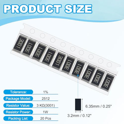 PATIKIL 2512 Surface Mount Device Chip Resistor Kit, 20Pcs 3K Ohm 1% Tolerance 1W DIY Resistor Ceramic Resistance Assortment Kits for Electronic Products - style: 3K Ohm