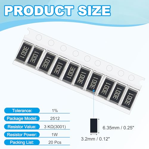 PATIKIL 2512 Surface Mount Device Chip Resistor Kit, 20Pcs 3K Ohm 1% Tolerance 1W DIY Resistor Ceramic Resistance Assortment Kits for Electronic Products - style: 3K Ohm