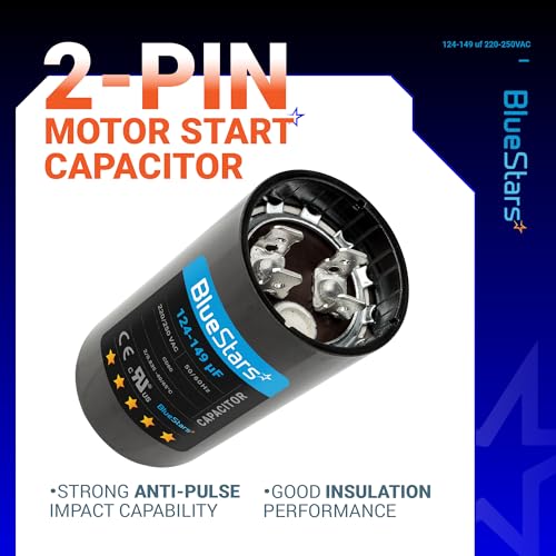 124-149 uf/MFD 220-250VAC Round Run Start Capacitor Replacement Part by BlueStars - Exact Fit for AC Motor Run or Fan Start and Cool or Heat Pump Air Conditioner - size: 124-149 MFD 220-250 VAC