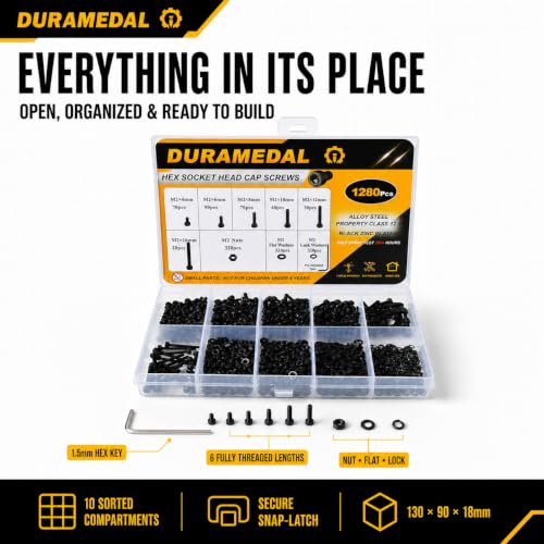 M2 Hex Socket Head Screws Assortment Kit 1280pcs,M2x4/6/8/10/12/16 mm - size: M2x4/6/8/10/12/16mm 1280pcs
