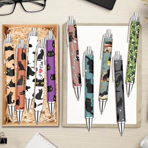 Idealmuzik Black Cat Ballpoint Pens Set – Cute Aesthetic Cat Design Pens for Office, Journaling, and Stationery Lovers – Smooth Writing Pens for Daily Use, Notes, or Gifts – Stylish & Fun, 10 Pack - color: Black Cat