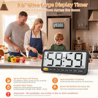 7.6'' Large Digital Kitchen Timer - 99H Countdown and Visual Light Alert
