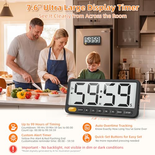 7.6'' Large Digital Kitchen Timer - 99H Countdown and Visual Light Alert