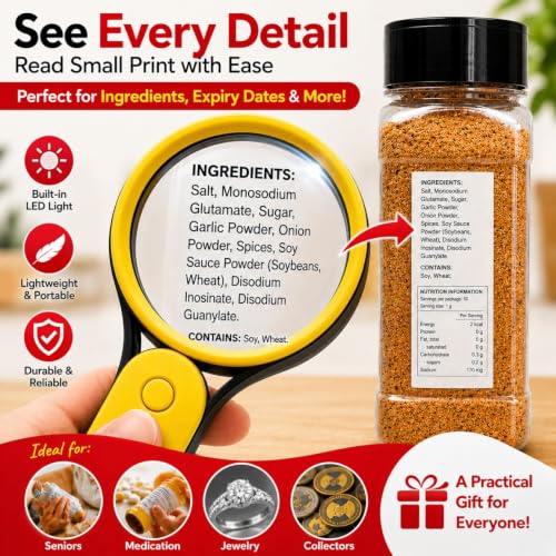 Yellow LED Magnifying Glass with Light, Microscope for Senior Reading, Lightweight Handheld Pocket Magnifier, Non-Breakable Lens, Portable Easy to Use, Jewellery, Coins, Inspection & Hobby Exploration - color: Yellow