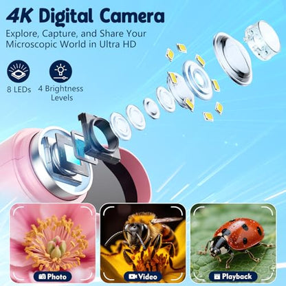 Odatay 2.4" 4K 1000X Digital Kids Microscope with 32G Card 12 Slides, Pink - color: Pink