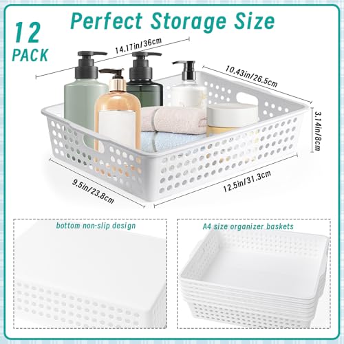 12 Pcs Plastic Storage Baskets Bulk 14 x 10 In Stackable Storage Bin with Handles A4 Size Desktop File Letter Organizer Tray Multi-purpose Container for Shelve Desktop Classroom Office Home Playroom - color: White
