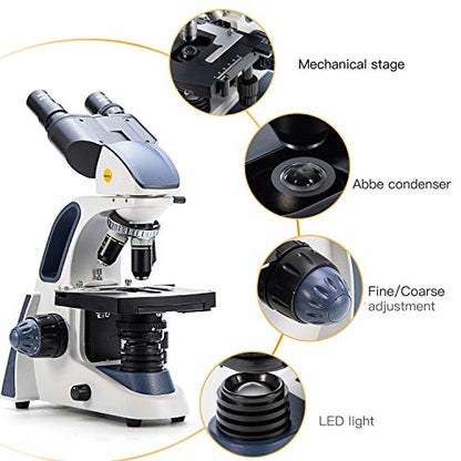 SWIFT SW380B 40X-2500X Magnification, Research-Grade Binocular Compound Lab Microscope, Mechanical Stage, with 5.0 mp Camera and Software Windows/Mac Compatible and 100pcs Blank Slides - style: SW380B+5.0 camera+sildes