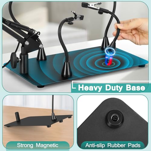 IVMAIE 12X Helping Hands Soldering Station, Magnifying Glass with light, 4 Magnetic PCB Holder Arms, Non-Slip Weighted Base Magnifier, Third Hand Soldering Tool for Soldering Jewelry Hobby Craft