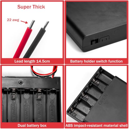 2PCS 9V (6 x 1.5V) 6AA Battery Holder Enclosures with Wire Leads and On/Off Switch Lid 9 Volt Battery Case with Hook Verclo and Solder Seal Wire Connectors