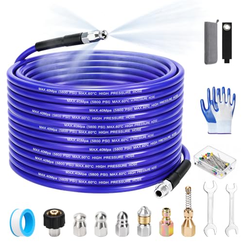 Sewer Jetter Kit for Pressure Washer, 100FT 5800 PSI Drain Cleaner Hose with 1/4" NPT Corner, Rotating and Button Hose Sewer Jetting Nozzle, Waterproof Tape, Pearl Corsage Pin, Spanner, Glove - color: Purple - Hose Only, size: 100FT