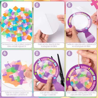 CJiangpo 24 Sets Magnify Suncatcher Paper Craft Kits, DIY Stained Glass Effect Window Ornament Rainbow Tissue Paper Art Craft for Classroom Activities Supplies Christian Religious Party Decor - style: Magnify