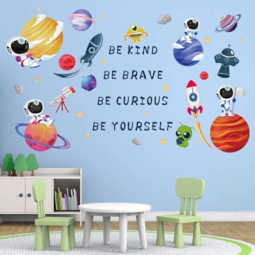 Outer Space Astronaut Wall Stickers - Be Kind Be Brave Inspirational Quotes Planets Rocket Boys Wall Decals - Baby Nursery Kids Room Daycare Wall Decor - color: Outer Space Quotes