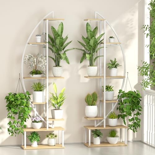 Plant Stand Indoor with 6 Grow Light, 65" Tall 7 Tier White Half Moon Shelf - color: Light Brown Board White Metal 7 Tier 2 Pack