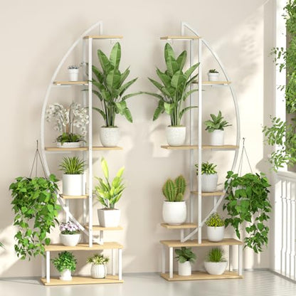 Plant Stand Indoor with 6 Grow Light, 65" Tall 7 Tier White Half Moon Shelf - color: Light Brown Board White Metal 7 Tier 2 Pack