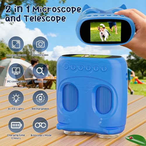 2-in-1 Kids Microscope Telescope, Temodu 2.0" 1000X Digital Microscope for Kids, HD Portable Education Telescope for Kids Birthday Festival Gift, Science Fun Toys for Children Age 4-12 (Blue) - color: Blue