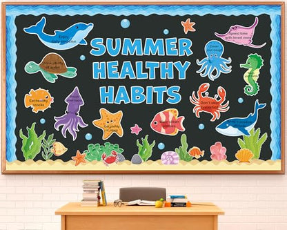 Summer Healthy Bulletin Board Set Ocean Animals Health Habits Classroom Decorations Back to School Paper Cutouts Under the Sea Bulletin Board Borders for School Nursery Home Office Wall Door Decor - style: Summer Healthy
