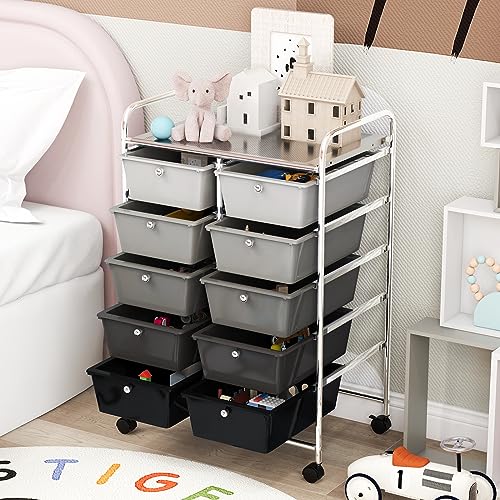 COSTWAY 10 Drawer Rolling Storage Cart, Utility Cart with Lockable Wheels - color: Mixed Black, size: 10 Drawer