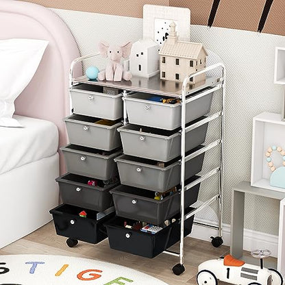 COSTWAY 10 Drawer Rolling Storage Cart, Utility Cart with Lockable Wheels - color: Mixed Black, size: 10 Drawer
