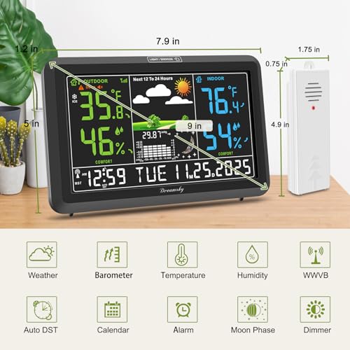 DreamSky Weather Station Indoor Outdoor Thermometer Wireless, Atomic Clock - color: Black with 2 sensors