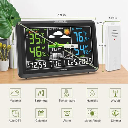 DreamSky Weather Station Indoor Outdoor Thermometer Wireless, Atomic Clock - color: Black with 2 sensors