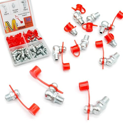30Pcs 1/4"-28 Straight 45 90 Degree Grease Fitting Assortment Kit with Grease Zerk Fittings Caps, Galvanized Steel Hydraulic Grease Zerk for Industrial and Agricultural Machinery Cars Ships ets - size: 1/4"-28-30 Pcs