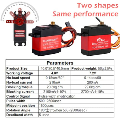 20kg Digital Servo Motor Waterproof High Torque Full Metal Gear RC Servo for 1/8 1/10 RC Car Model DIY, TD-8120 (20KG 180°)