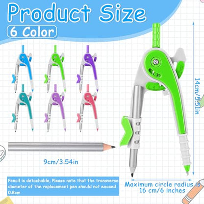 Chengu 24 Pcs Math Geometry Compass Bulk with Pencils 6 Inch, Bright Color - color: Bright Color