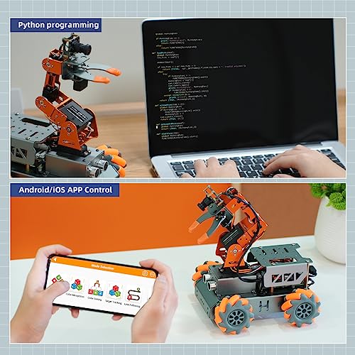 HIWONDER 5DOF AI Vision Robotic Arm Powered by Raspberry Pi Smart Robotic Arm Mecanum Wheel Chassis Robot Car Kit DIY Robot for Beginners, Without RPi