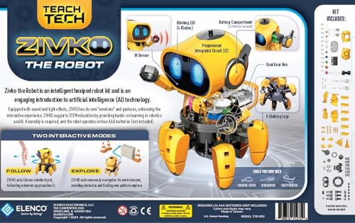 Elenco Teach Tech “Zivko The Robot”, Interactive A/I Capable Robot with Infrared Sensor, STEM Learning Toys for Kids 10+, includes Assembly Parts