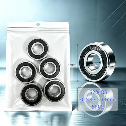 5 PCS 6204-2RS Deep-Groove Ball Bearings, 20x47x14mm-Double Seal Bearings - size: 6204-2RS-5PCS