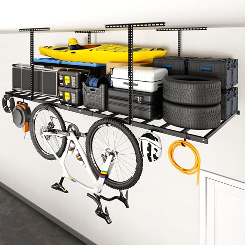 FLEXIMOUNTS 4x8 Overhead Garage Ceiling Storage Rack with 6 Hooks, Black - color: Black