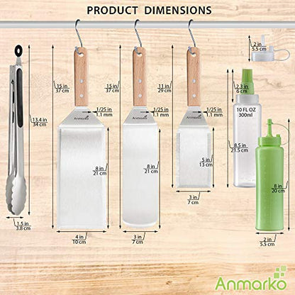 Metal Spatula Set of 6 - Griddle Accessories kit - Grill Flat Spatula Pancake Flipper Hamburger Turner - Metal Utensil Great for BBQ Grill Flat Top Cast Iron Griddle - color: Wooden handle set with tongs and bottles