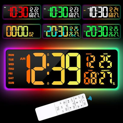 17.3"Large Digital Wall Clock 15 Color Modes Display 8 Color Night Light - color: Black