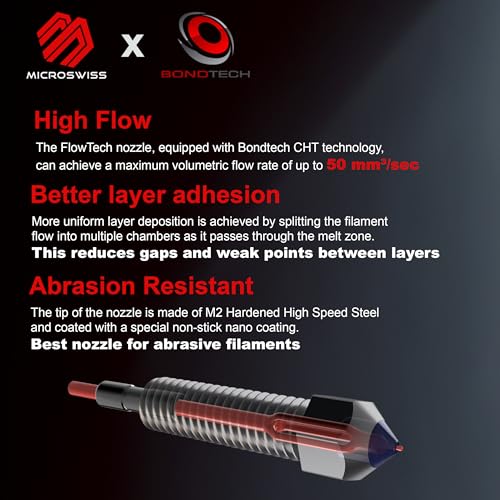 Microswiss FlowTech™ CHT High Flow - CM2™ Nozzle - Equipped with CHT Technology - Multi Filament Channel Design - Copper Body, M2 Hardened High Speed Steel Tip, Long Life, Wear Resistant (.6mm) - size: .6mm