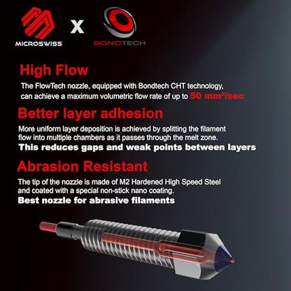 Microswiss FlowTech™ CHT High Flow - CM2™ Nozzle - Equipped with CHT Technology - Multi Filament Channel Design - Copper Body, M2 Hardened High Speed Steel Tip, Long Life, Wear Resistant (.6mm) - size: .6mm