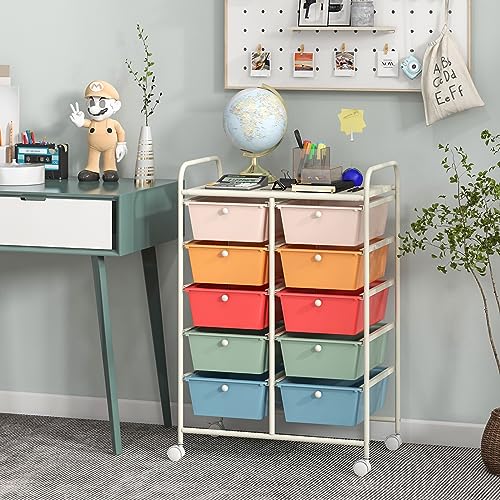COSTWAY 10 Drawer Rolling Storage Cart, Utility Cart with Lockable Wheels - color: Macaron, size: 10 Drawer