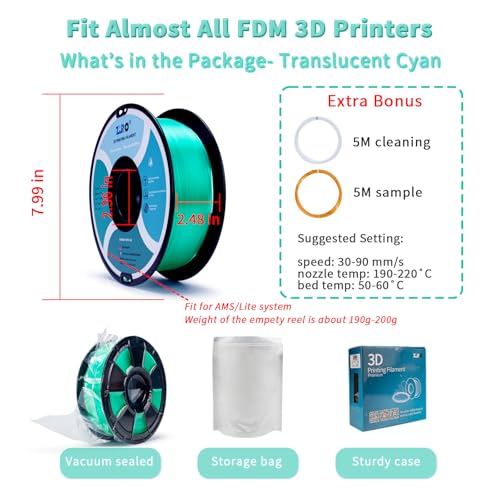 ZIRO 3D Printing Filaments, Translucent Series, 2.2lb 1.75mm Spool, Cyan - color: Translucent-cyan