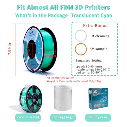 ZIRO 3D Printing Filaments, Translucent Series, 2.2lb 1.75mm Spool, Cyan - color: Translucent-cyan