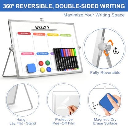 Dry Erase White Board with Stand, 16"x12" Double-Sided Magnetic Whiteboard - color: Silver