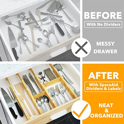 SpaceAid Bamboo Drawer Dividers with Inserts and Labels, Kitchen Adjustable Drawer Organizers, Expandable Organization for Home, Office, Dressers and Bathroom, 6 Dividers with 12 Inserts (13.25-17 in) - size: 13.25-17 inch