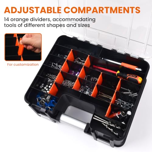 TACTIX Double-Sided Tool Organizer, Toolbox with 8-Storage Bins & 14 Adjustable Dividers & Transparent Lids, Portable Hardware Storage Box for Screws, Nuts, Fishing Accessories (Black&Orange) - style: Double Sided Tool Box