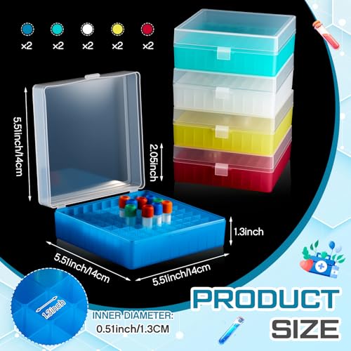 Kingdder 10 Pack 100 Holes Centrifuge Tube Cryogenic Storage Box with Snap Clasp Polypropylene Freezer Box Centrifuge Tubes Holder Rack with Lid Fit 0.5/1.5/2.0 ml for Lab Vial Storage(Assorted Color) - color: Assorted Color