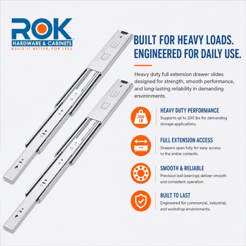 Rok Hardware 22" Heavy Duty Full Extension Ball Bearing Drawer Slides, 200 lb Capacity, Side Mount Drawer Runners with Quick Release, Self Closing Drawer Slides for Cabinets -HDS22-200 - size: 22 Inch